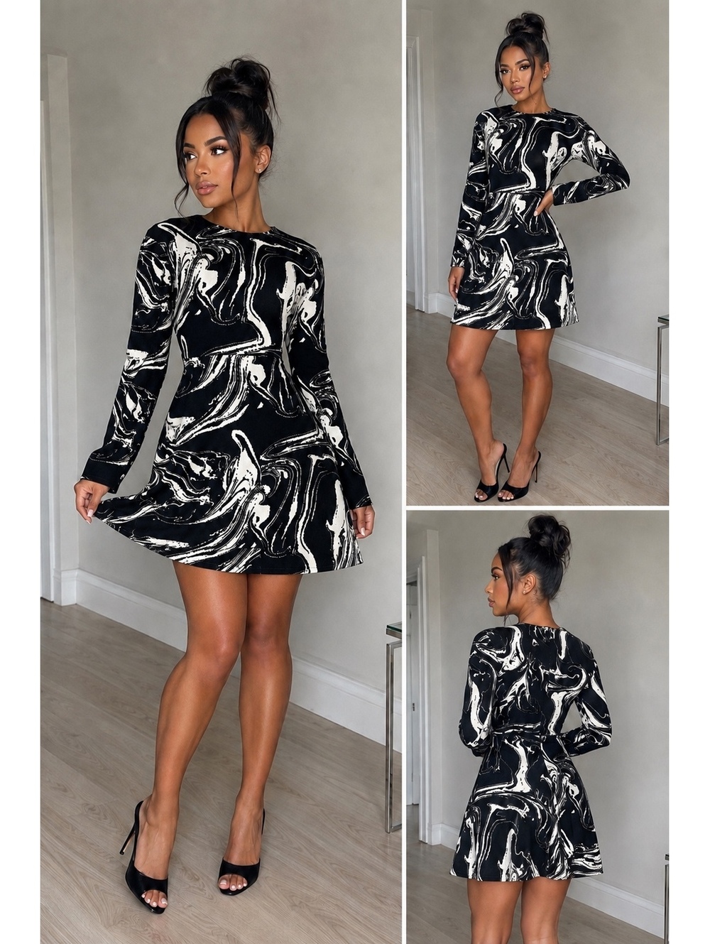 ZARA Black White Swirl Jacquard Sweater Knit Fit & Flare Mini Dress Size L AW21